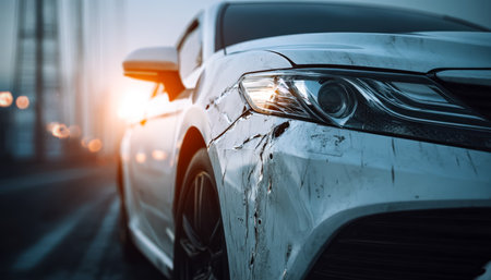 A white vehicle shows signs of a collision, its hood and bumper marred by scrapes and dents, set against a vivid sunset backdrop in city streets.の写真素材