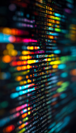 A vibrant array of led lights flicker in multiple hues, forming glowing numerical patterns that...