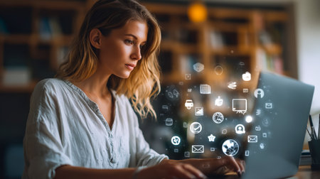 A focused young woman types on her laptop amid floating digital symbols signifying networking, innovation, and modern communication in a bright workspの写真素材