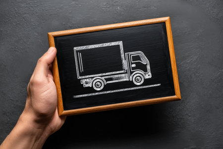 A person?s hand grasps a tiny blackboard featuring a detailed truck drawing, set against a moody dark backdrop for a professional or transportation thの写真素材