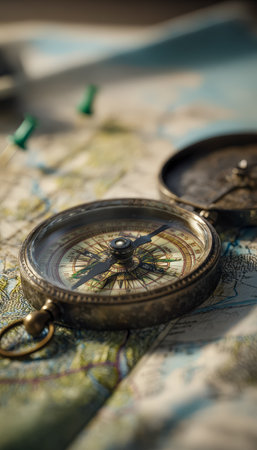 A vintage compass rests atop a detailed map marked with colorful pushpins, evoking exploration, navigation, and the thrill of outdoor journeys.の写真素材
