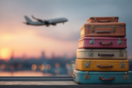 Vibrant retro suitcases rest by a window, framing a sunset-lit runway with a distant airplane, evoking travel nostalgia and adventure.の写真素材