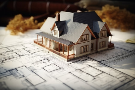 construction of house on blueprints - building project and architecture conceptの写真素材