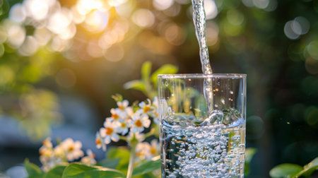 Pouring refreshing natural spring mineral water into a clear glass for a pure and revitalizing drink