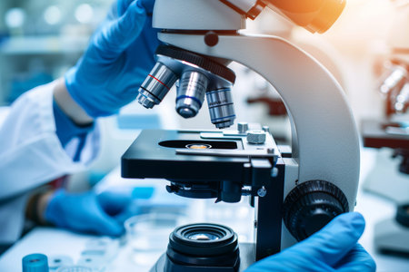 Scientist examining samples with microscope in medical laboratory scientific research banner