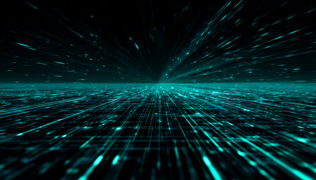 A vibrant, high-tech scene featuring a luminous grid overlayed with shimmering streaks of light,...