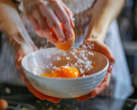 Woman cracking an egg into a bowl in a high quality image of home kitchen cooking