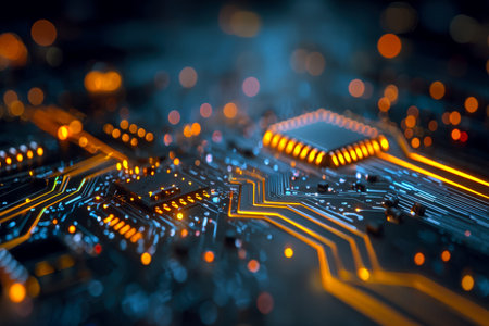 A detailed macro shot featuring a high-tech circuit board with luminous orange and blue electric...