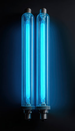 Dual uv sterilization devices emit vibrant blue light against a pitch-black scene, creating an intense, futuristic atmosphere suitable for scientific applications.の写真素材