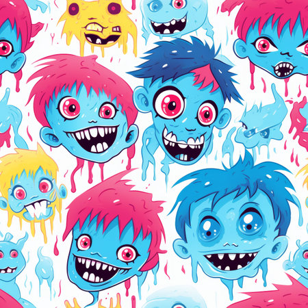 Colorful halloween pattern with cute zombies in pink, blue, yellow on white backgroundの写真素材