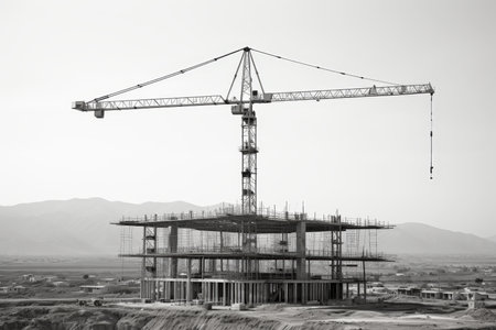 Building construction in progress. construction crane erecting an unfinished tall structureの写真素材