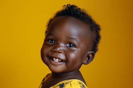 Delighted african baby with a beaming smile posing on a lively yellow backgroundのeditorial素材
