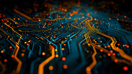 A detailed view of a high-tech circuit board glowing with vibrant neon pathways, contrasting against...