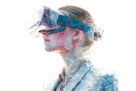 A woman immerses herself in a digital environment, wearing a vr headset amid a dynamic network visualization, evoking futuristic innovation and explorの写真素材