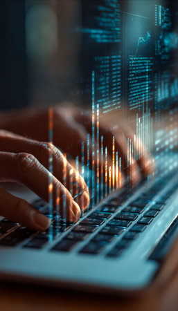 A focused individual works on a laptop amid a digital backdrop of fluctuating market charts and analytical data, evoking a high-tech finance environmeの写真素材