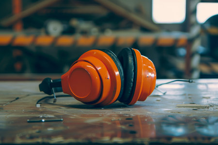 Protective gear close up of orange earmuffs on workshop table for construction safety