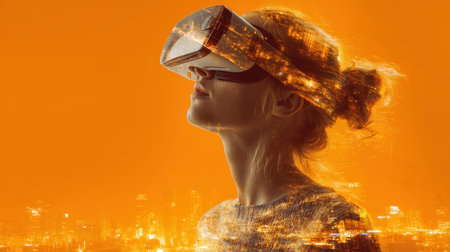 A woman immerses in digital worlds, her headset reflecting a vibrant cityscape and glowing futuristic visuals against a bold orange backdrop.の写真素材