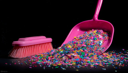 Vibrant confetti and multicolored sprinkles cascade from a pink scoop and brush, creating a lively,...
