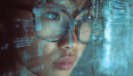 A woman with stylish glasses examines holographic data displays, immersed in a sleek, high-tech...