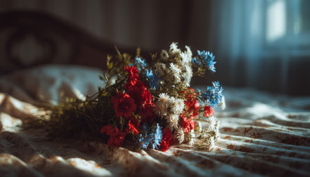Vibrant bouquet featuring crimson, ivory, and navy blooms rests on a sunlit bed, evoking warmth and serenity against a gentle, blurred backdrop.の写真素材
