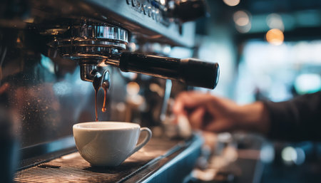 A detailed shot capturing rich espresso pouring from a coffee machine's spout into a pristine white ceramic cup, evoking warmth and caf? ambiance.の写真素材