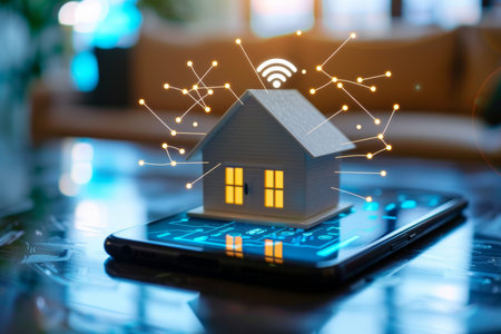 Smart home technology concept house on phone screen with wireless connections and iot devicesの写真素材