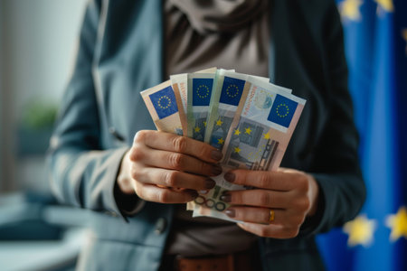 Businesswoman holding euro bills with blurred european union flag background, copy space for textの写真素材