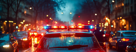 A patrol vehicle with vibrant blue and red warning lights illuminates a bustling urban intersection...