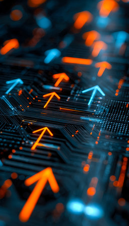 Glowing arrows stream through a dark background, symbolizing rapid data flow, connectivity, and the evolution of modern digital infrastructureの写真素材