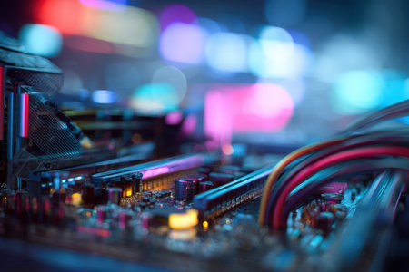 A detailed view of a computer motherboard featuring intricate circuits and components, set against...