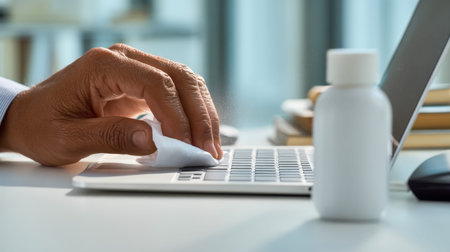 A focused individual wipes down a sleek workspace setup, emphasizing cleanliness and maintenance...