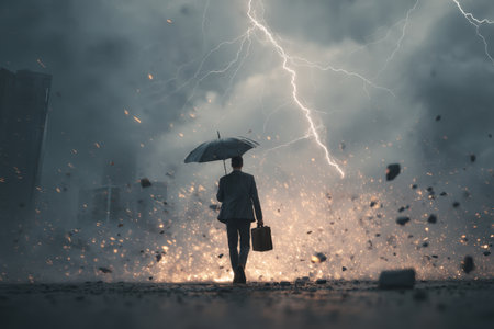 A determined professional strides through tumultuous weather, shielding against lightning and chaos with an umbrella and steady purpose.の写真素材