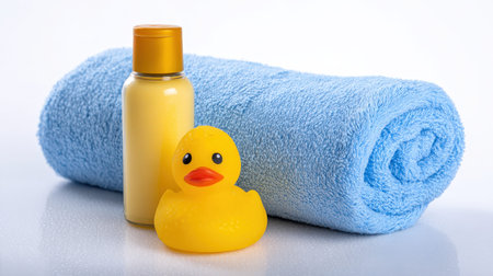 Soft blue towel rolled neatly with a cheerful yellow shampoo container and a playful rubber duck,...