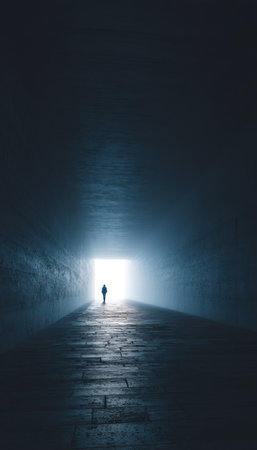 A lone figure advances through an abyssal corridor, steadily approaching a radiant glow that symbolizes hope, renewal, or discovery in a moody settingの写真素材