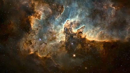 Vibrant cosmic clouds swirl with hues of pink, purple, and blue amid shimmering stars, creating a breathtaking celestial tapestry in the vastness.の写真素材