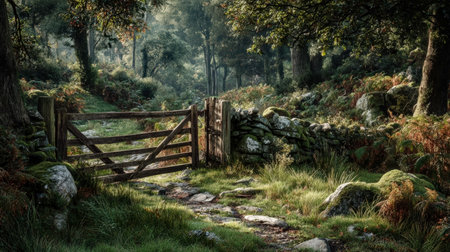 A charming weathered wooden gate stands open in a verdant forest opening, inviting tranquility amid dense foliage and dappled sunlight.の写真素材