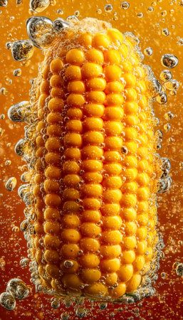 Juicy, vibrant yellow corn nestled in effervescent water, shimmering with tiny bubbles, evokes...