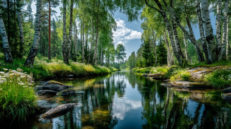 Serene woodland scene featuring a gentle stream flowing past slender birch and sturdy pine trees beneath an overcast sky, evoking calm and natural beaの写真素材