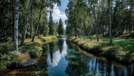 A tranquil waterway meanders through verdant woods beneath a clear azure sky, evoking peace and natural beauty perfect for nature or relaxationの写真素材