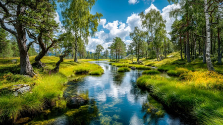 A peaceful stream flowing through dense foliage under a clear, azure sky, evoking serenity and natural beauty in a thriving woodland setting.の写真素材