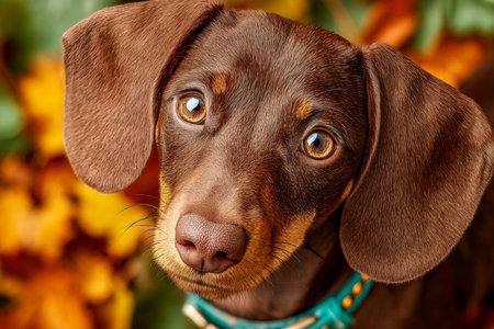 Adorable brown dachshund puppy with soulful eyes and floppy ears nestled softly amid vibrant autumn...