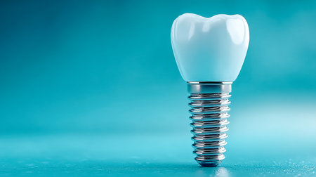 A detailed shot of a metallic dental anchor with a crown resembling a natural tooth, set against a rough, textured background, emphasizing precision aの写真素材