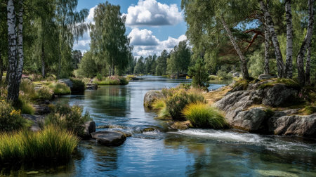 Calm waters wind through vibrant foliage and smooth stones, beneath a moody sky, evoking peace and natural beauty in a pristine wilderness setting.の写真素材