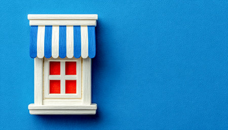 An artistic wooden ornament mimicking a cozy cottage, featuring a striking red pane and set against a calming blue backdrop for charming decor.の写真素材