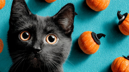 A charming black feline with glowing amber eyes sits amidst tiny orange gourds, set against a textured navy backdrop, exuding cozy autumn charm.の写真素材