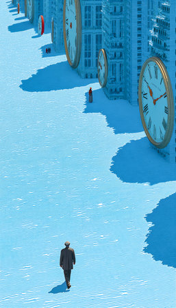 A dreamlike urban scene featuring massive clocks stretching over a frosty plaza, with pedestrians...