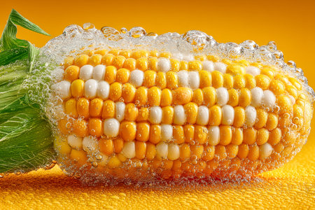 Bright, multicolored corn on the cob adorned with glistening water bubbles set against a lively yellow backdrop, evoking freshness and vibrant energy.の写真素材