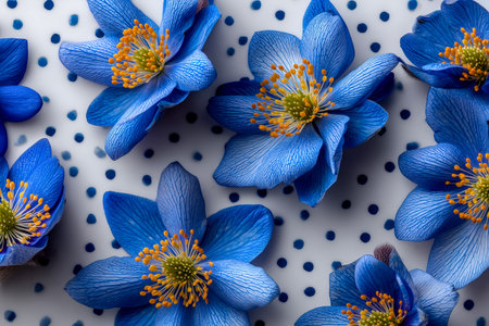 Bright blue blossoms with striking yellow centers cluster together, set against a clean white...