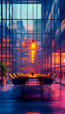 A sleek urban workspace with transparent glass paneling and a luminous conference table, capturing warm sunset reflections and a professional ambianceの写真素材