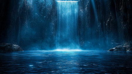 Tranquil falls spill over rugged cliffs into a sapphire basin, surrounded by rocky formations,...